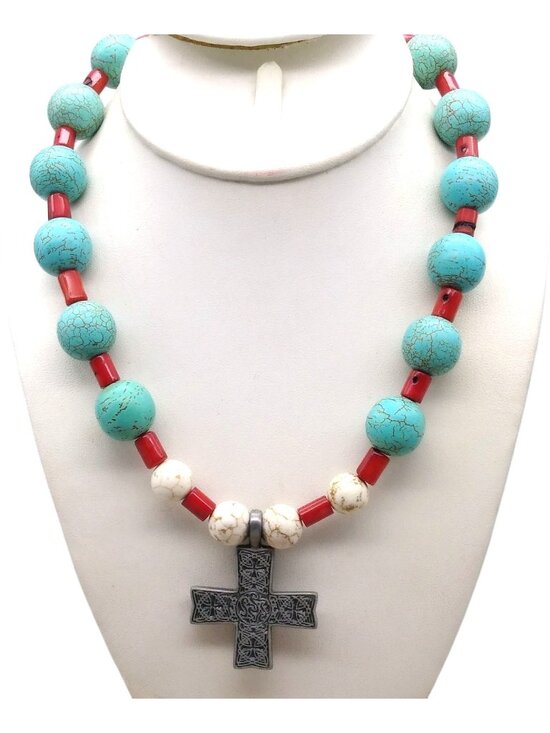 Jewelry - Howlite Beaded Pendant Necklace, Celtic Cross in Pewter Tone with Blue and White